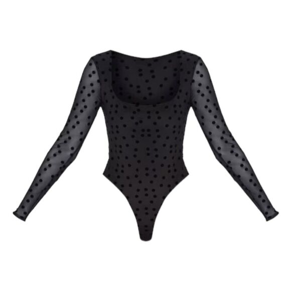 PrettyLitteThings Polka Dot Mesh Bodysuit Black Square Neck Long Sleeve Lined 4 - Picture 4 of 10